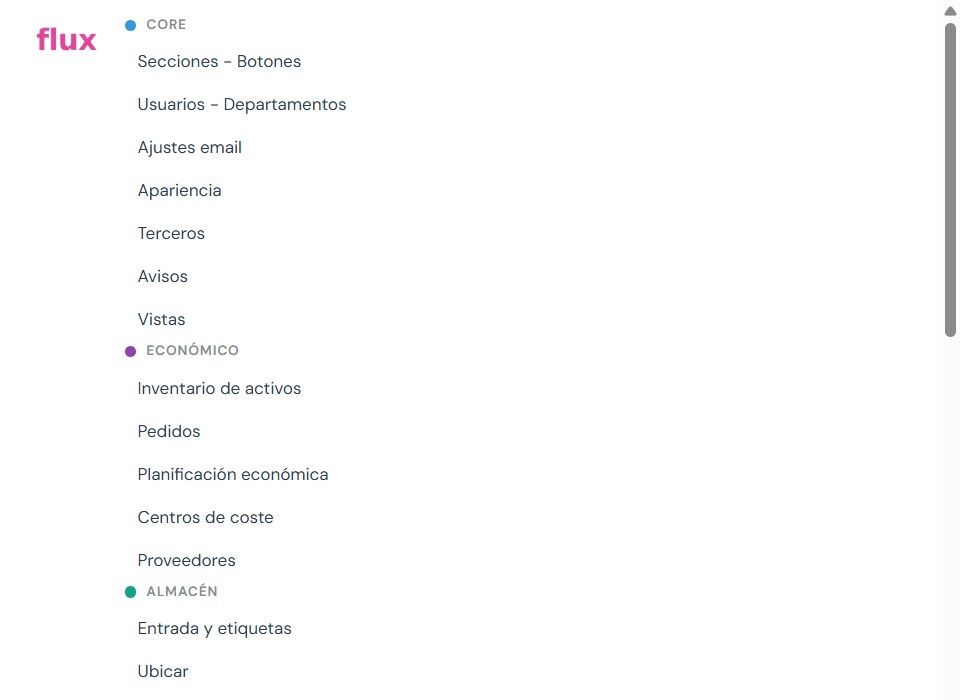 Panel de menu de Flux, barra lateral